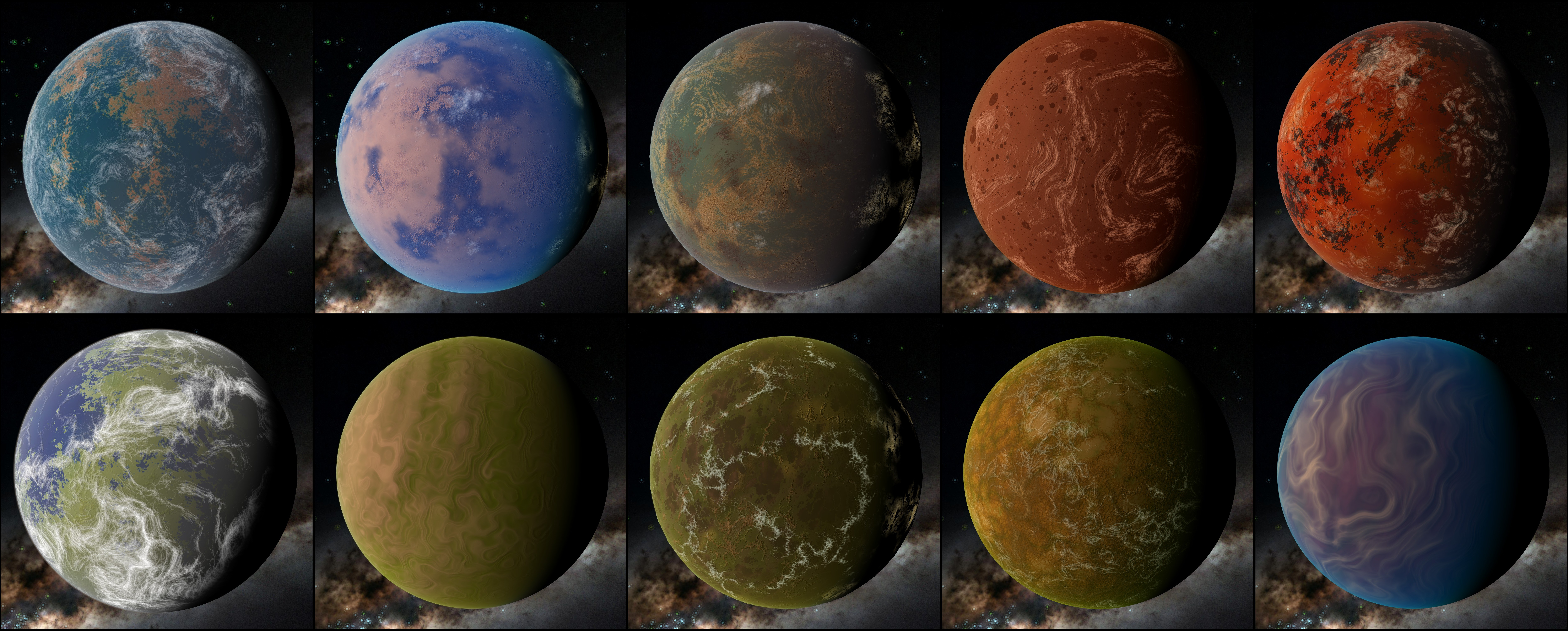 A view of two procedurally generated exoplanets.